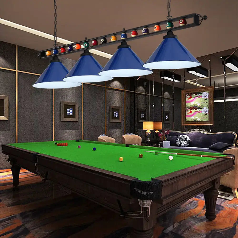 DecorBites™ industrial blue conical metal billiard lamp with colorful balls mounted above country club island pool table