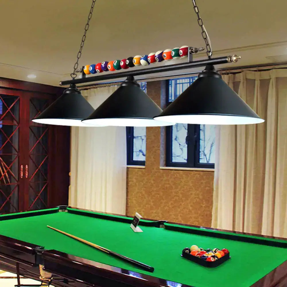 Black conical metal pendant billiard lamp with chain suspension and pool ball accents for country club island lighting