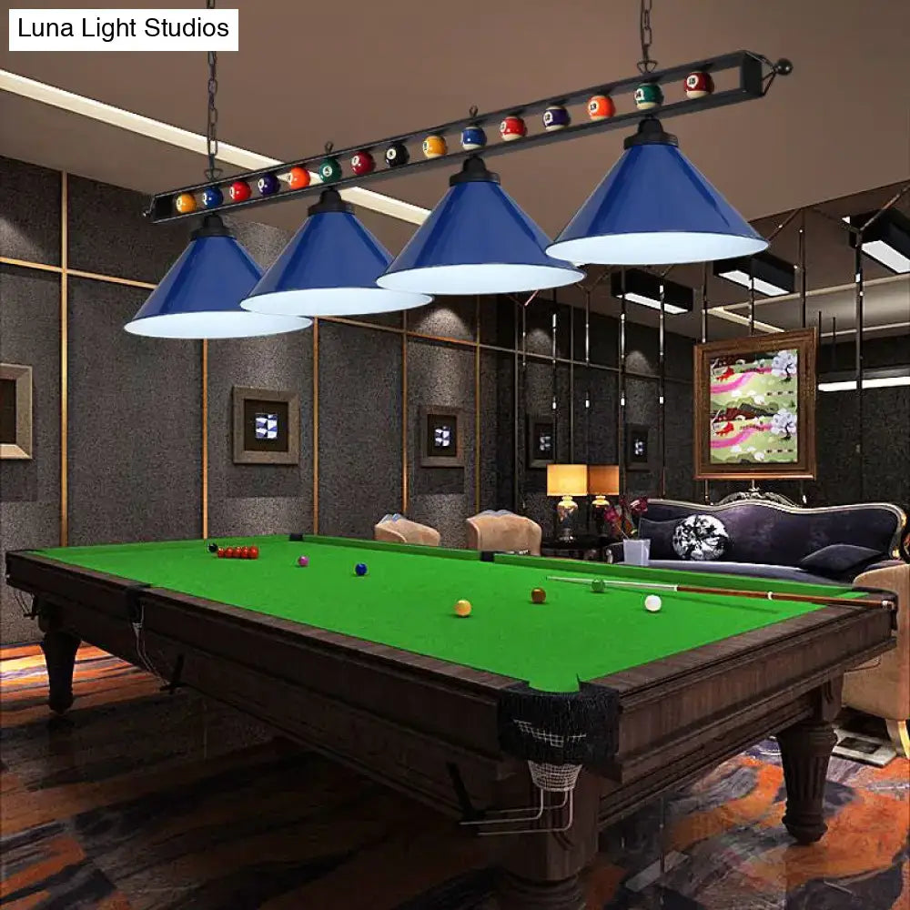 Blue conical metal billiard lamp with sleek frame suspended above pool table country club island club island light