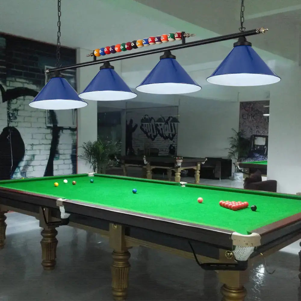 Decorbites industrial blue conical metal billiard lamp with white interiors and country club island light frame