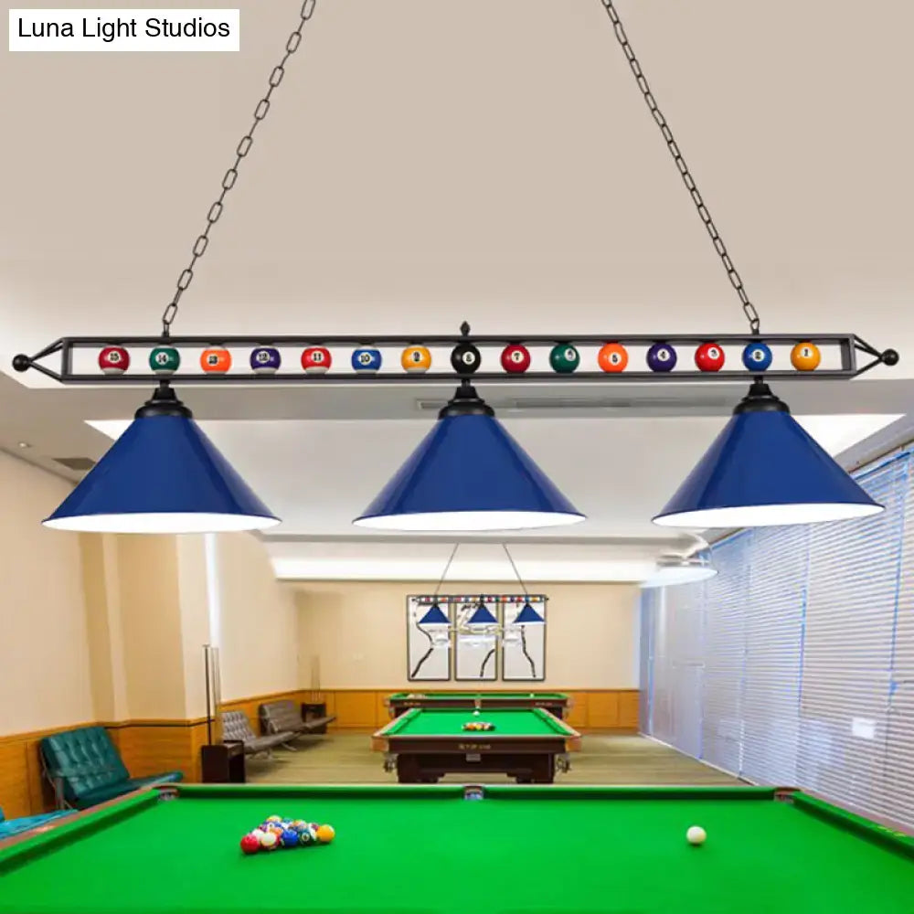 DecorBites industrial blue conical metal billiard lamp with black chains and country club island light design