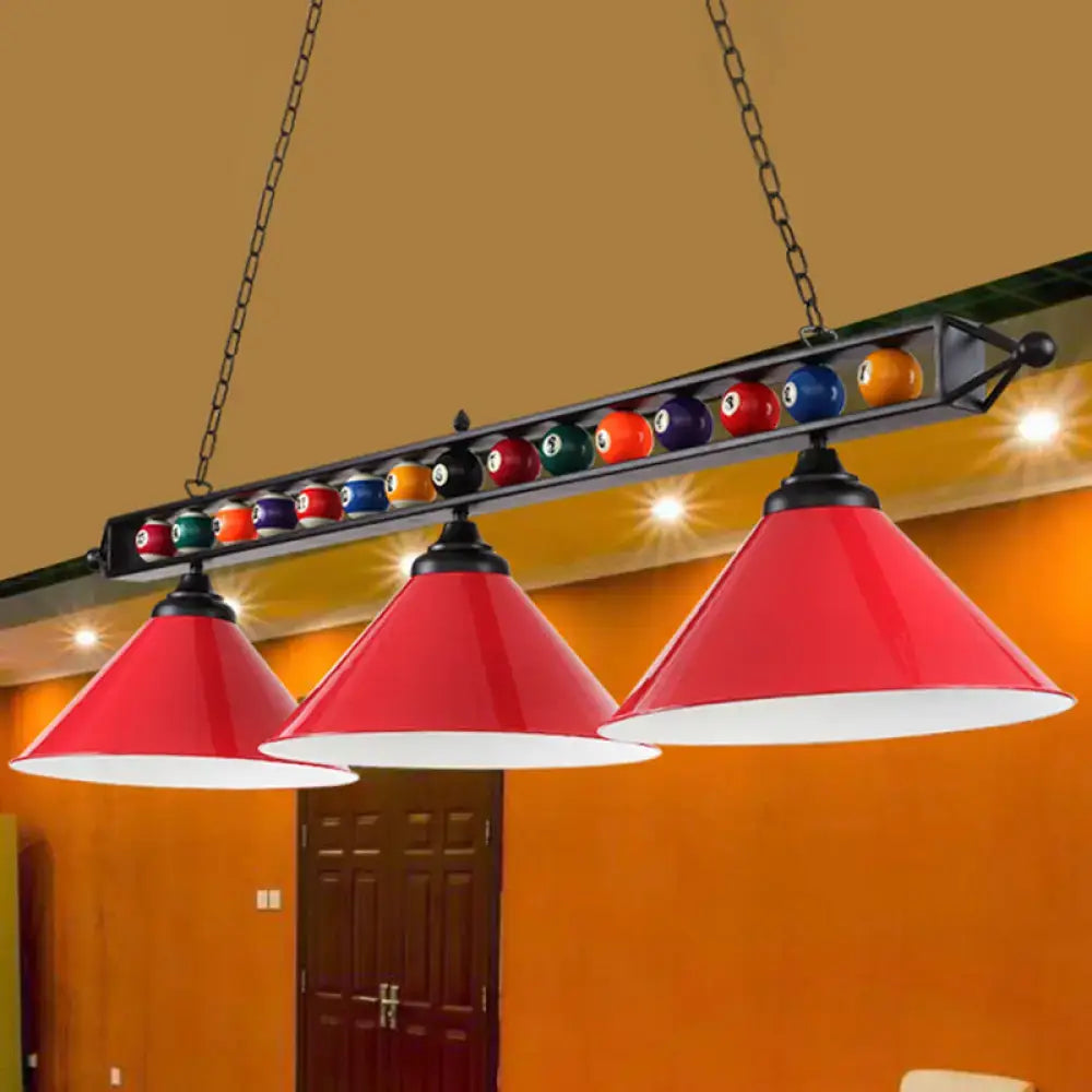 Decorbites industrial conical metal billiard lamp with red shades, white interiors, and colorful country club island light balls