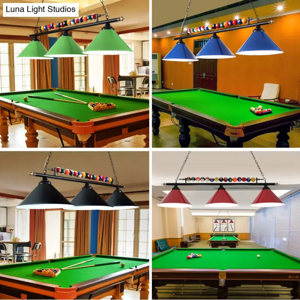 Set of four DecorBites industrial metal billiard lamps with colorful conical shades and decorative country club island rack