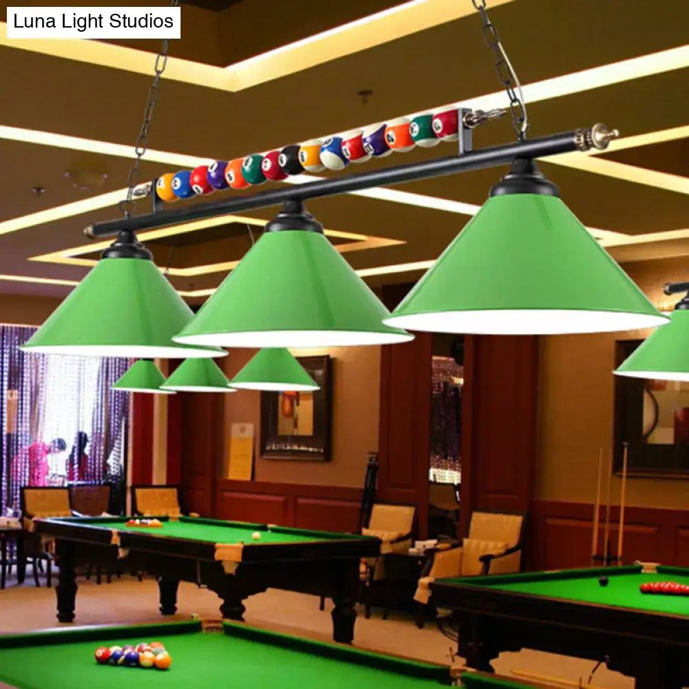 DecorBites™ industrial green conical metal billiard lamp with black frame and country club island club island light features billiard balls