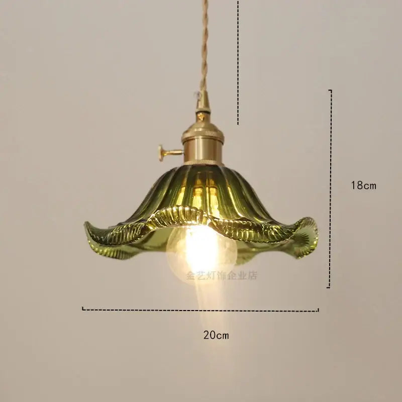 Vintage-style industrial green petal glass pendant light with golden brass fixture and copper socket for dining room decorbites glass industrial
