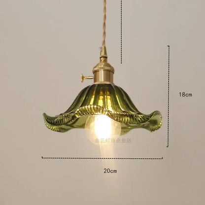 Vintage-style industrial green petal glass pendant light with golden brass fixture and copper socket for dining room decorbites glass industrial