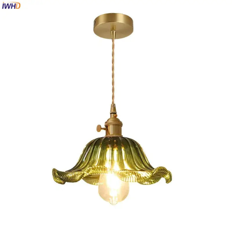 Golden brass pendant light with green petal glass shade featuring a copper socket for industrial decorbites glass pendant light decor
