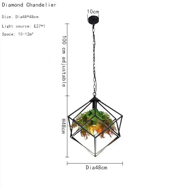 Black metal geometric industrial greenery chandelier with diamond frame, warm lighting, and decorbites industrial style decor