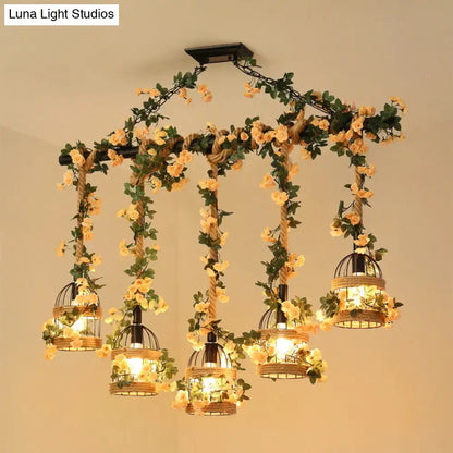 Rustic decorbites industrial hemp rope chandelier with five yellow rose birdcage lights for restaurant island lighting