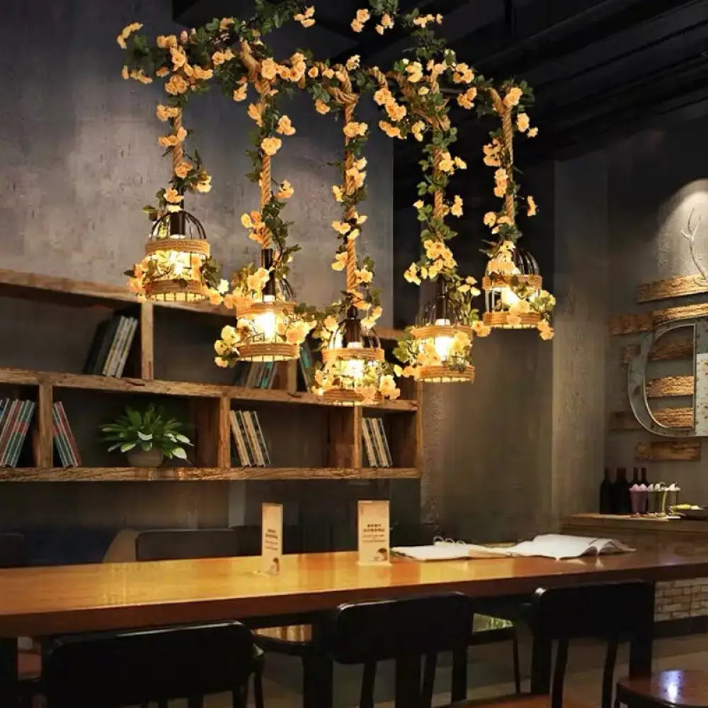 Decorbites™ birdcage industrial hemp rope suspension lamp with woven wicker cages and yellow flowers for restaurant island lighting