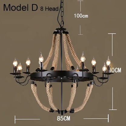 Industrial hemp rope pendant light with black metal chandelier and eight candle-like bulbs for dining room decorbites industrial hemp