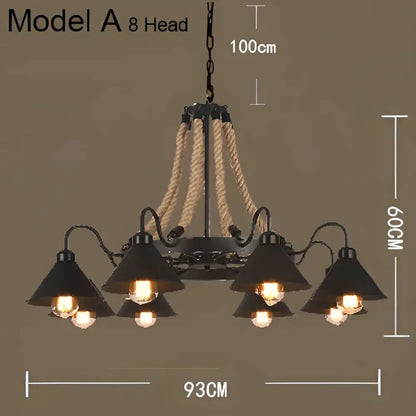 Industrial hemp rope pendant light with black metal frame eight conical shades and rope accents for dining room decorbites industrial hemp