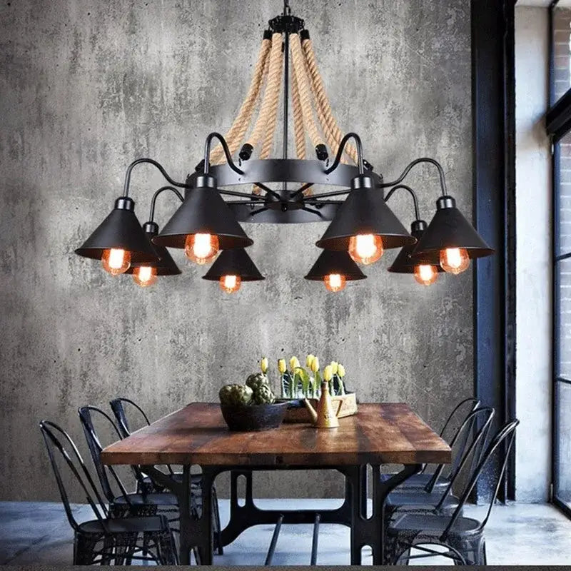 Industrial hemp rope pendant light with black metal industrial hemp rope and conical iron lampshade for dining room decorbites industrial hemp