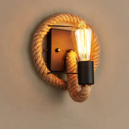 Industrial hemp rope wall lamp with warm glow filament bulb rope-wrapped living room decorbites sconce