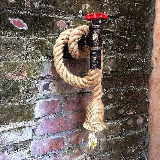 Industrial hemp rope wall lamp with black pipe red valve and clear bulb for kitchen living room decorbites industrial loft decor