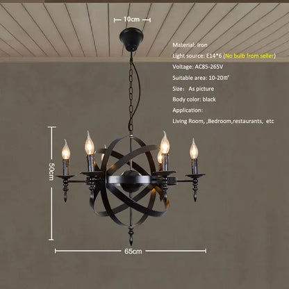 Black iron industrial iron chandelier with six candle-style bulbs and atomic sphere design for living room decorbites industrial