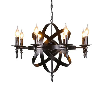 Black wrought iron industrial iron chandelier by decorbites with atomic design and six lit candle bulbs for living room decor
