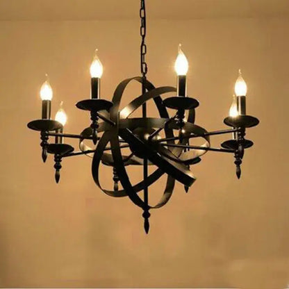Black wrought iron industrial iron chandelier with five candle-style bulbs and spherical globe design for living room decorbites industrial iron