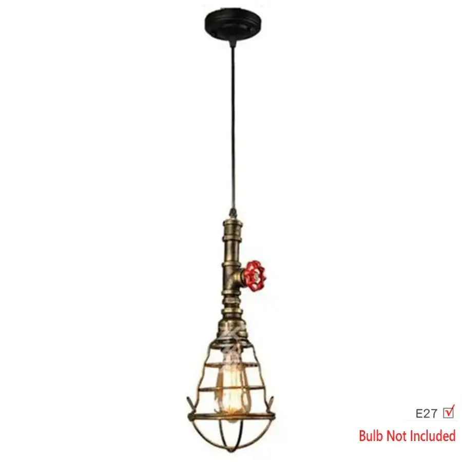 Industrial iron pipe pendant light with brass-finished valve, red faucet handle, and wire cage for kitchen decorbites iron pipe