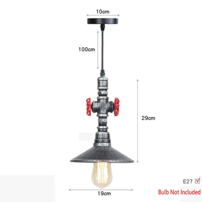 Industrial iron pipe pendant light with black pipe body, red valve handles, and conical shade for kitchen decorbites iron pipe design