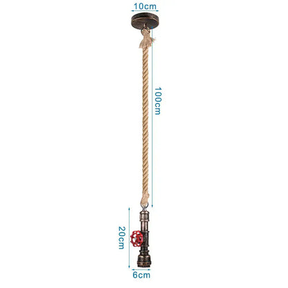 Industrial iron pipe pendant light with dark metal fixture, natural twine rope suspension, and red valve accent for dining room decorbites iron pipe pendant light