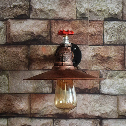 Industrial iron rust wall light with a copper-finished pipe design red valve handle and exposed filament bulb for decorbites industrial iron decor