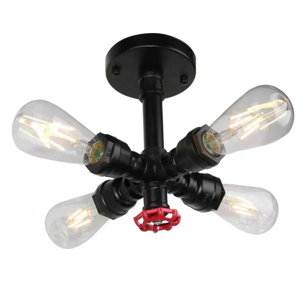 Black decorbites industrial iron wall light with four clear filament bulbs and red valve handle vintage pipe sconce