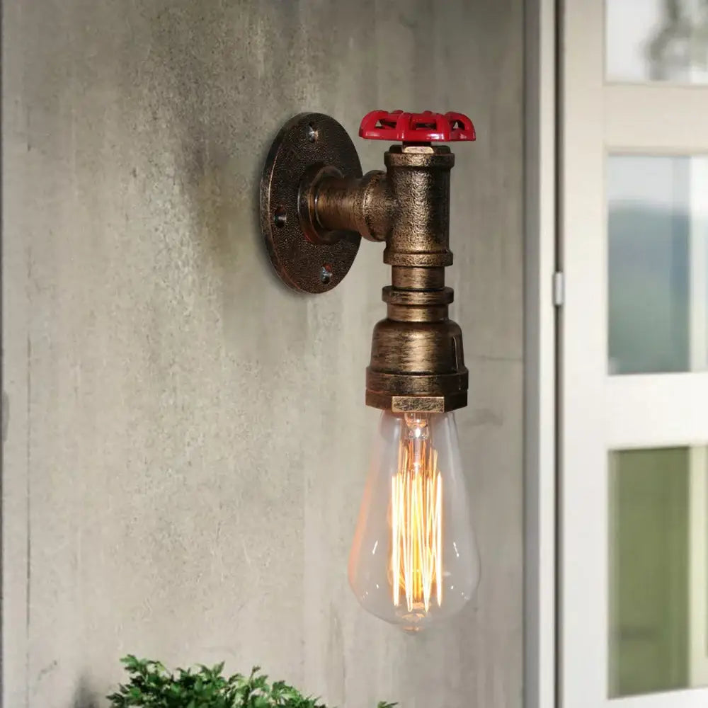 Industrial iron rust wall light with brass pipe, red handle, and exposed filament bulb for living room decorbites industrial iron sconce