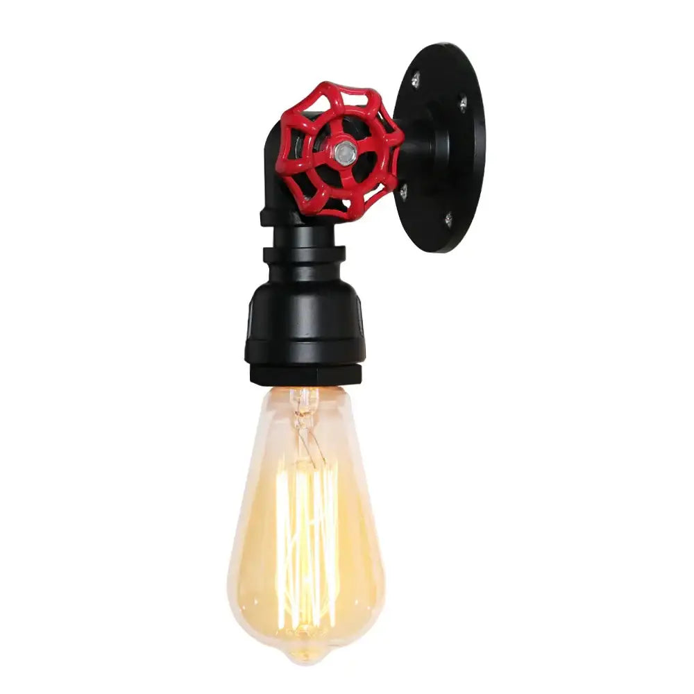 Industrial iron rust wall light with black pipe and red handwheel featuring exposed filament bulb for living room decorbites industrial iron