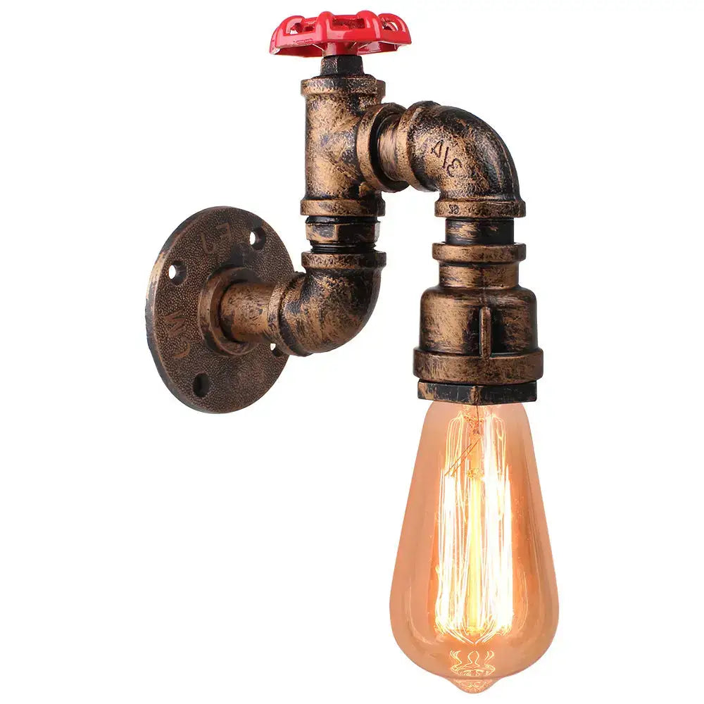 Industrial iron rust wall light with brass-finished pipe design, red valve handle, and exposed filament bulb decorbites industrial iron