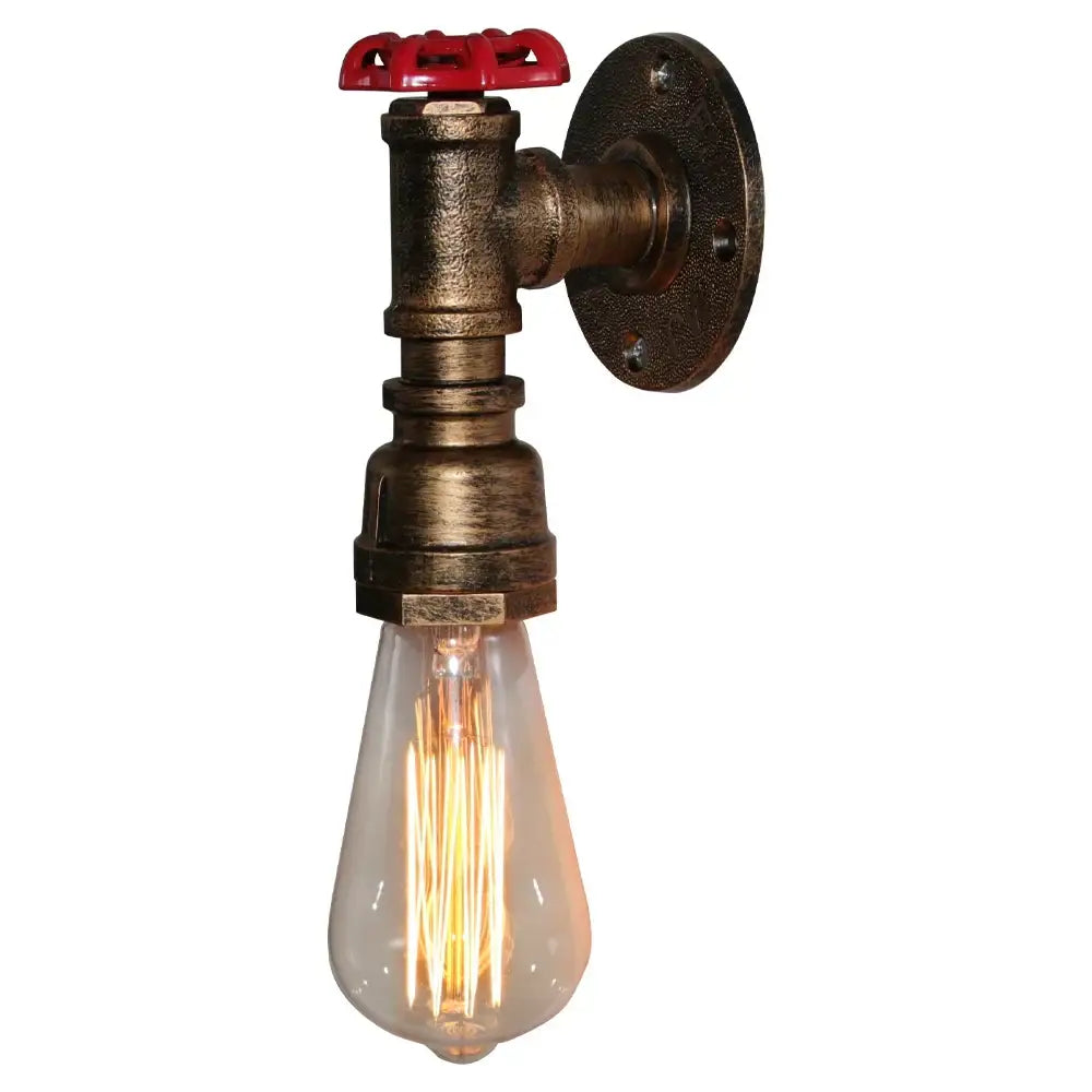 Industrial iron rust wall light with brass-finished pipe and red valve top featuring exposed filament bulb decorbites industrial iron