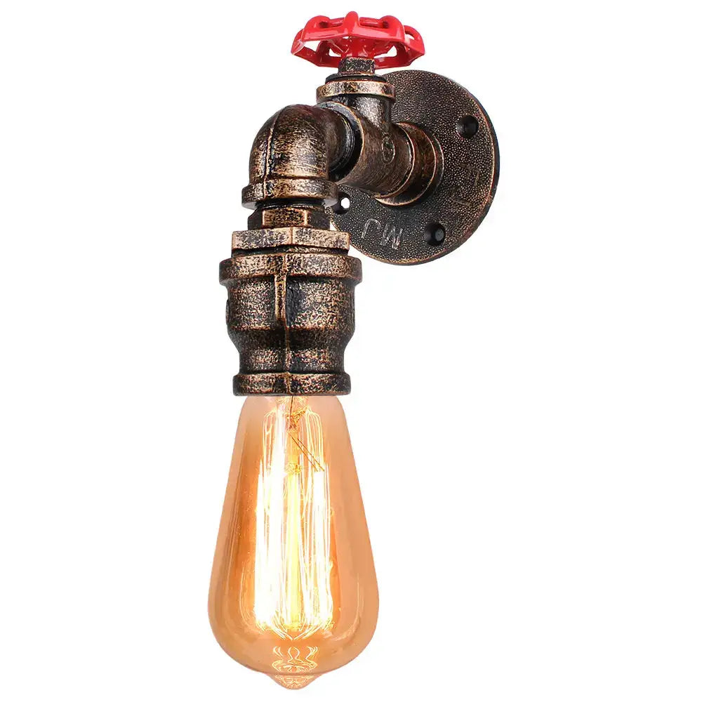 Industrial iron rust wall light with bronze pipe valve design and glowing amber edison bulb for living room decorbites industrial iron