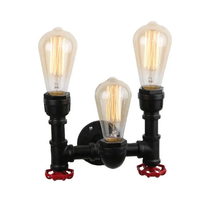 Industrial iron rust wall light with three black pipe arms, clear filament bulbs, and red valve handles for living room decorbites industrial iron style