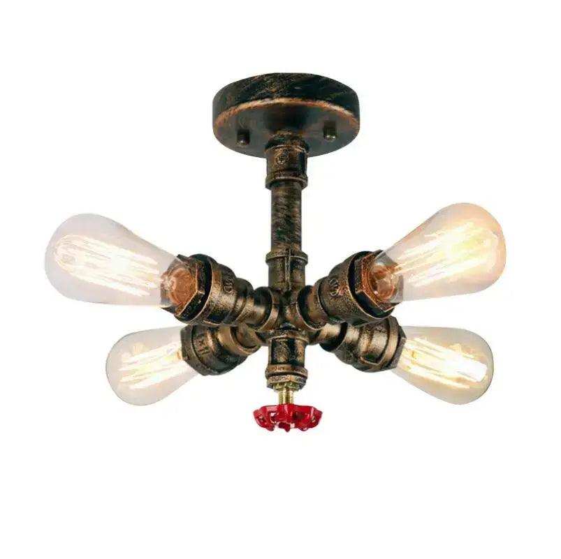 Industrial iron rust wall light with four exposed edison bulbs and red valve decorbites industrial iron sconce
