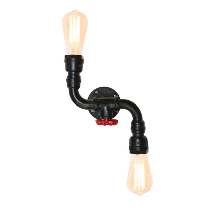 Industrial iron rust wall light black pipe sconce with two filament bulbs and red valve for living room decorbites industrial iron