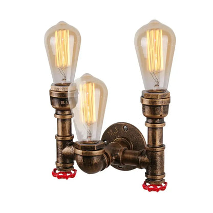Industrial iron rust wall light featuring three vintage edison bulbs with brass pipe fittings and red valve handles