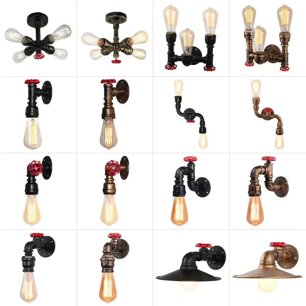 Industrial iron rust wall light with exposed Edison bulbs black and brass pipes and red valve caps for living room decorbites industrial iron