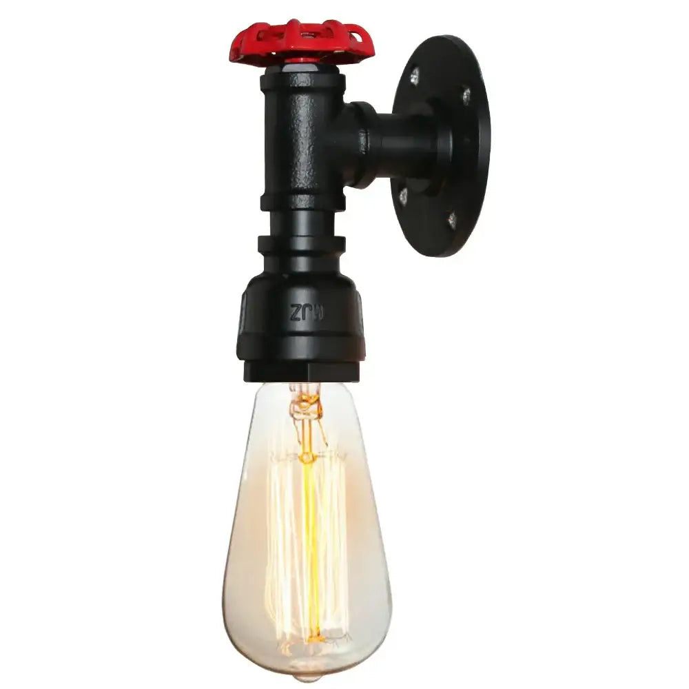 Industrial iron rust wall light featuring a black pipe sconce with red valve handle and exposed filament bulb for decorbites