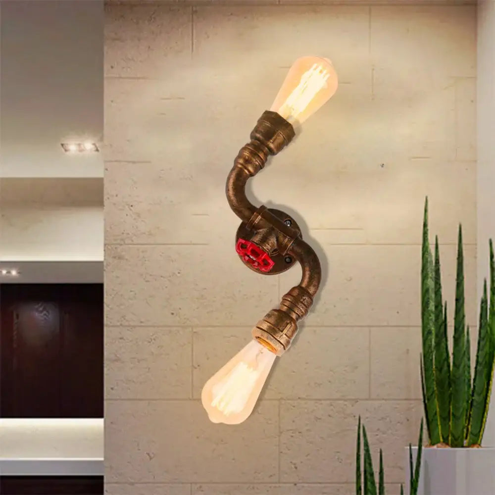 Industrial iron rust wall light with twisted bronze pipe design and two exposed edison bulbs for living room decorbites industrial iron