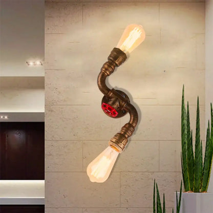 Industrial iron rust wall light with twisted bronze pipe design and two exposed edison bulbs for living room decorbites industrial iron