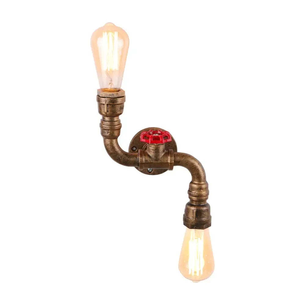Industrial iron rust wall light with two brass pipe arms and edison bulbs featuring a red valve for decorbites industrial iron decor