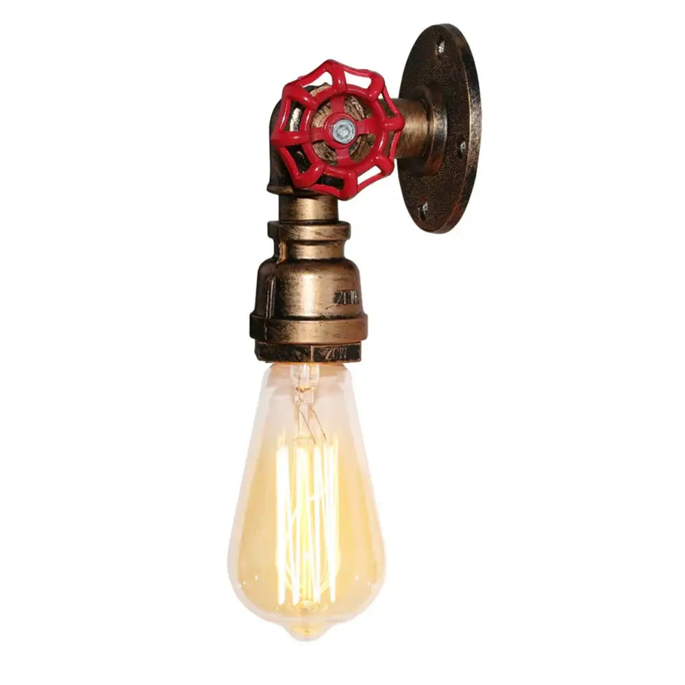 Industrial iron rust wall light featuring a brass pipe fixture with red valve handle and exposed filament bulb decorbites industrial iron