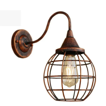 Antique bronze-finished industrial iron rust water pipe wall lights with spherical wire cage and exposed edison bulb for living room sconce
