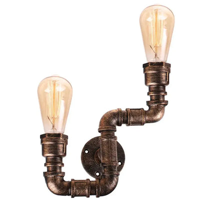 Industrial iron rust water pipe wall lights featuring two exposed filament bulbs in vintage brass pipe fittings for living room