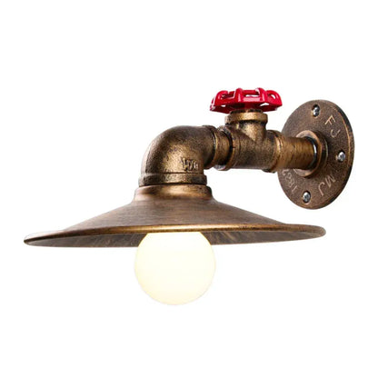 Industrial iron rust wall lights featuring a vintage brass pipe design with red valve and wide flared shade for living rooms