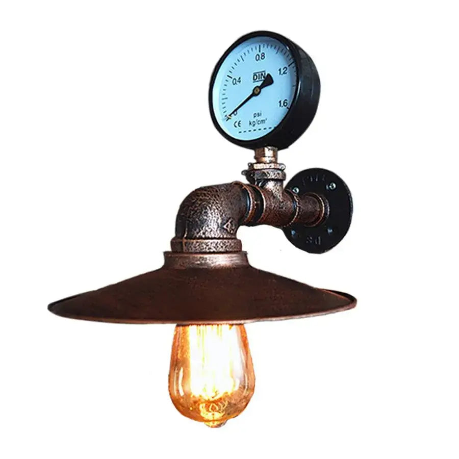 Industrial iron rust wall lights featuring a brass-finished water pipe and gauge with amber filament bulb for living room use