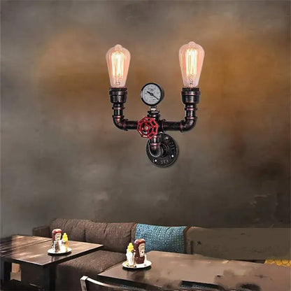 Industrial iron rust water pipe wall lights with black metal pipes, two filament bulbs, red valve, and pressure gauge for living room