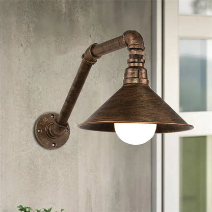 Industrial iron rust wall lights with bronze finished water pipe and flared shade for living room sconce lighting