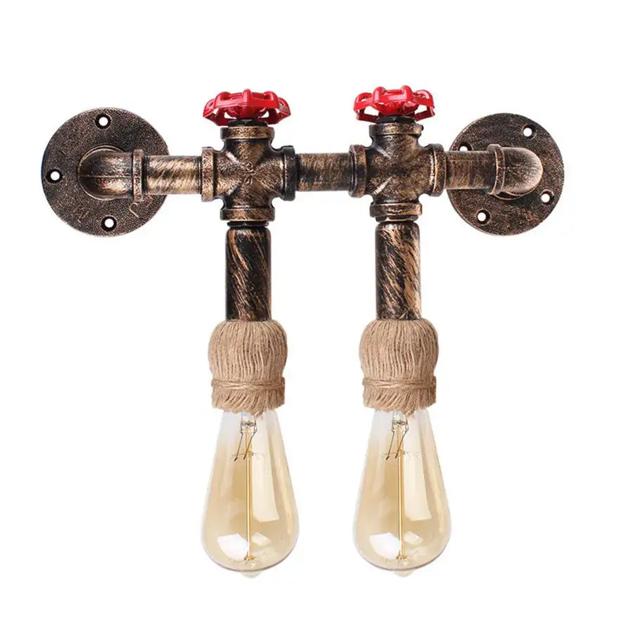 Industrial iron rust water pipe wall lights featuring vintage brass pipes with red valve handles and frosted bulbs wrapped in twine