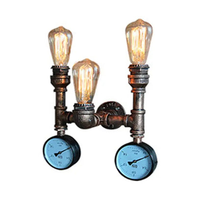 Industrial iron rust wall lights featuring water pipe design with three vintage filament bulbs and blue pressure gauges